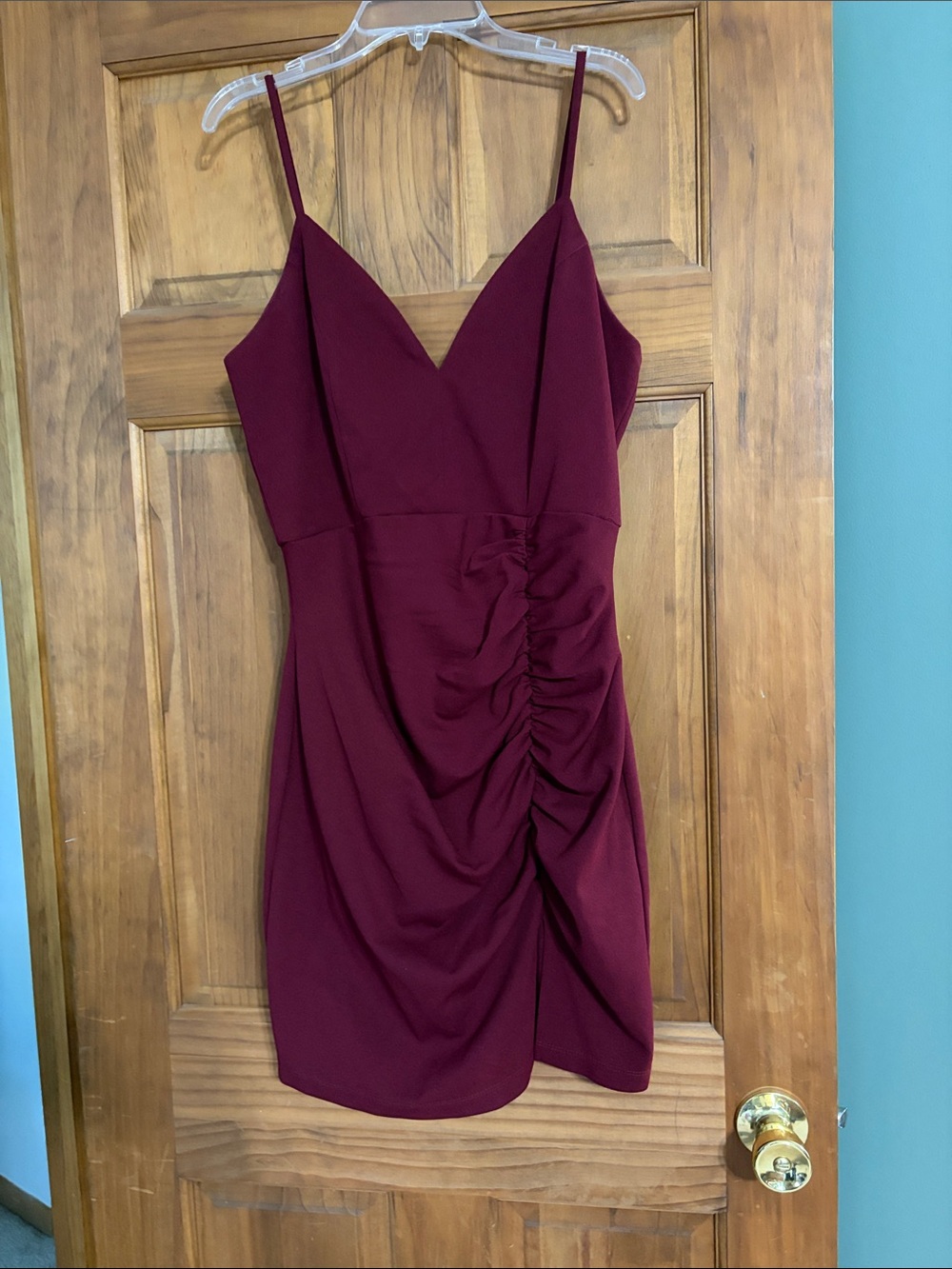 Emerald Sundae Wine Spaghetti Strap Ruched Mini Dress
